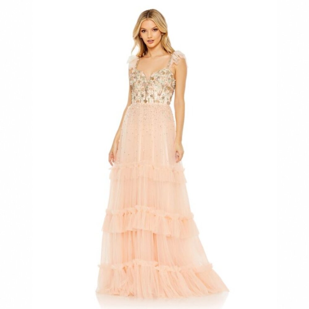 Mac Duggal Floral Beaded Ruffle Gown in Apricot